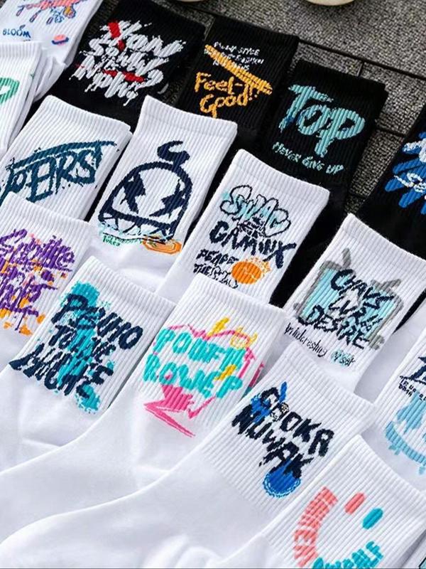 Women's Random Letter Graffiti Print Crew Socks, 10 Pairs Casual Moisture Wicking Socks, Soft Comfy Breathable Socks for All Seasons Daily Wear