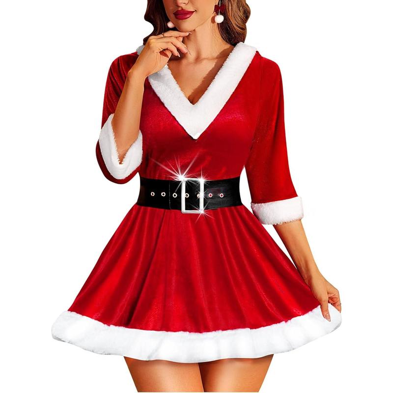 Christmas Lingerie Women Sexy Santa Coise 2 Piecy Velvet BabyDoll costume Holiday Dress with Belt shirt