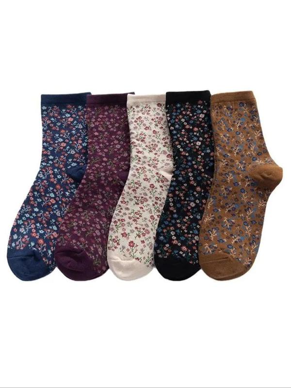 Women's 5 Pairs Vintage Ditsy Floral Print Crew Socks, Fashion Casual Comfy Mid Calf Socks for Daily Wear, Women Socks for Fall & Winter