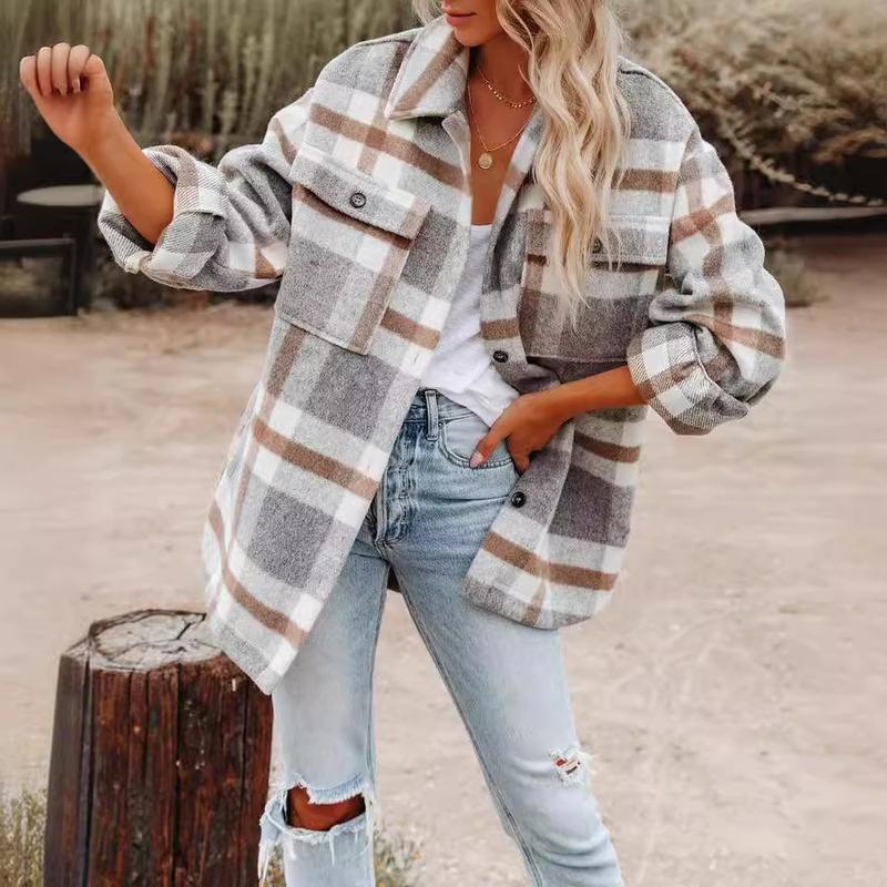 Autumn and Winter Women's Clothing Autumn and Winter Long Sleeve Lapel Loose Plaid Wool Coat