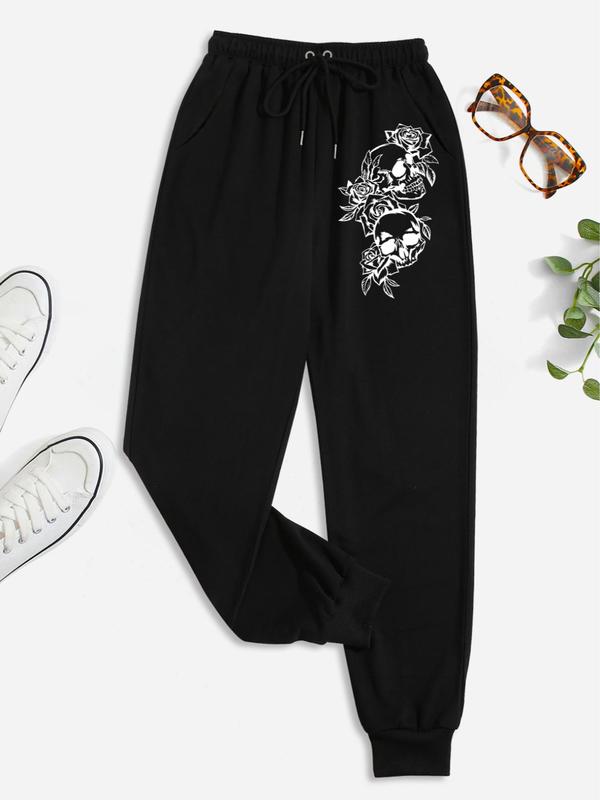 Women's Pocket Drawstring Jogger Pants, Y2k Lady Comfort Floral & Skull Print Sweatpants Bottom for Spring & Fall, Womenswear Casual Elastic Waist Pants Trouser for Women, Going Out Bottoms