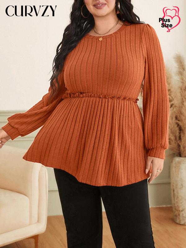 CURVZY Plus Size Solid Frill Trim Bishop Sleeve Tee, Casual Long Sleeve Round Neck T-shirt for Spring & Fall, Women's Clothing for Daily Wear