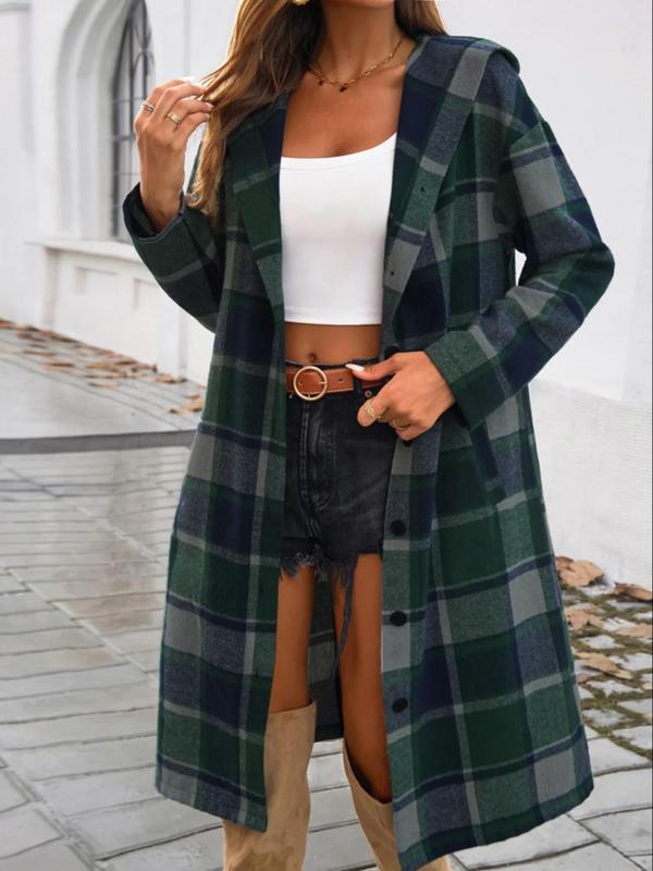 Women's Plaid Print Button Front Drop Shoulder Hooded Coat, Casual Long Sleeve Pocket Outerwear for Fall & Winter, Ladies Clothes for Daily Wear