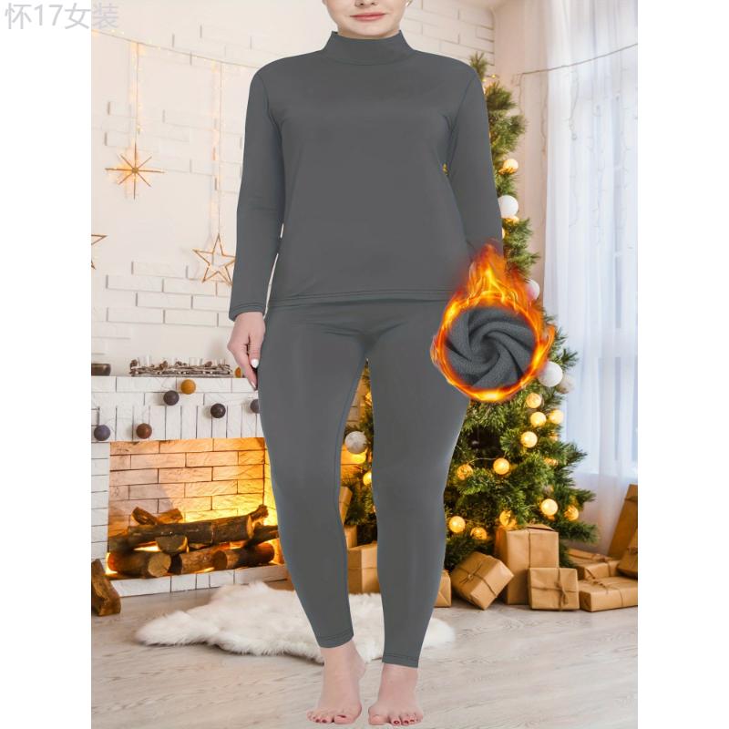 Plus Size Women's Thermal Underwear Set - High Neck Plush Lined Long Sleeve Top & Solid Color Tights For Fall & Winter