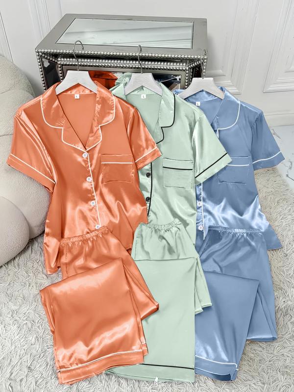 Women's Solid Satin Pyjama Set, Short Sleeve Lapel Neck Button Front Shirt & Elastic Waist Pants PJ Set, Women's Sleepwear for Summer