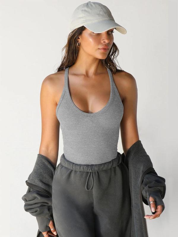 Women's Solid Color Racer Back Crop Cami Top, Casual Sleeveless Crop Top for Summer, Fashion Women's Top for Daily Wear