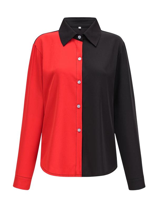 Women's Colorblock Button Front Shirt, Casual Long Sleeve Collared Top for Spring & Fall, Ladies Clothes for Daily Wear