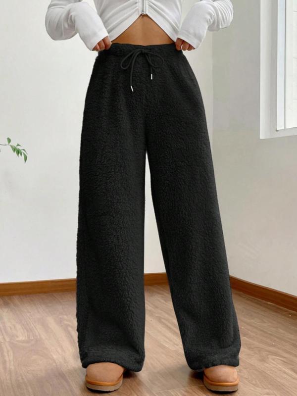 Women's Solid Drawstring Waist Plush Straight Leg Pants, Casual Comfy Warm Trousers for Fall & Winter, Women's Bottoms for Daily Wear