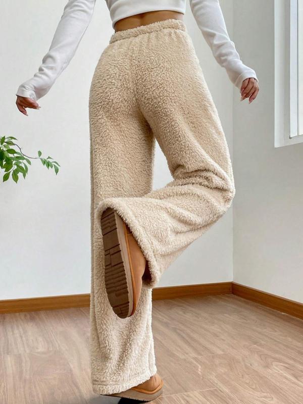 Women's Solid Drawstring Waist Plush Straight Leg Pants, Casual Comfy Warm Trousers for Fall & Winter, Women's Bottoms for Daily Wear