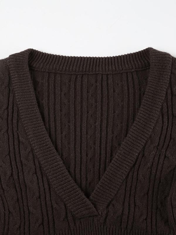 Women's Plain Deep V Neck Cable Knit Sweater, Casual Long Sleeve Jumper for Daily Wear, Ladies Knitwear for All Seasons