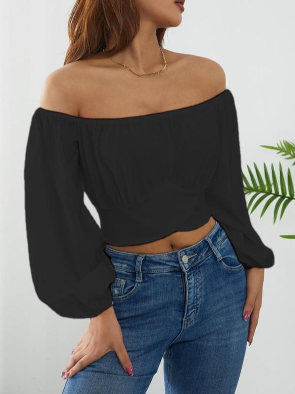 Women's Plain Cut Out Tie Back Off Shoulder Bishop Sleeve Crop Tee, Casual Long Sleeve Cropped Top for Summer, Ladies Clothes for Daily Wear, Going Out Tops, Tops for Women, Clothes for Women, T Shirts for Women