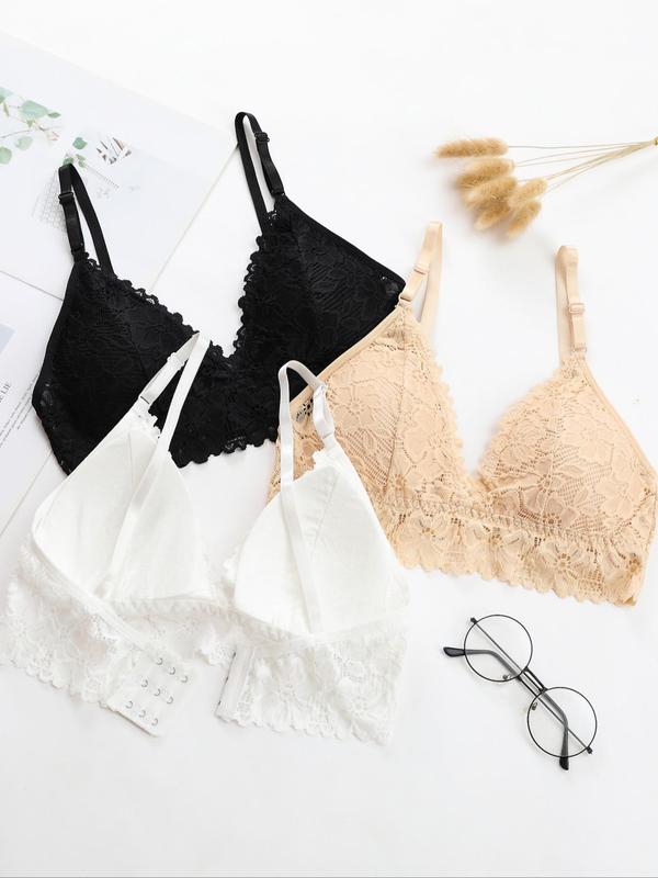 Women's Plain Scallop Trim Hook and Eye Lace Bra, Casual Comfortable Adjustable Strap Wireless Lingerie for Daily Wear, Soft Breathable Underwear for All Seasons