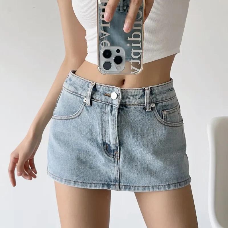 HOUZHOU Y2k Denim Mini Skirt for Women Summer 2024 Sexy Vintage Low Waist Slim Micro Jeans Skirt Korean Style Skort Streetwear