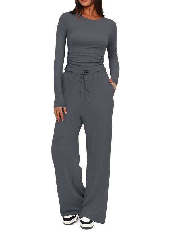 Sporty Two-Piece Set Women's Solid Color Ruched Tee & Tie Front Wide Leg Pants Sportswear Set, Sports Casual Long Sleeve Round Neck Top & Pocket Trousers, Ladies Sportswear for Indoor Outdoor Wear