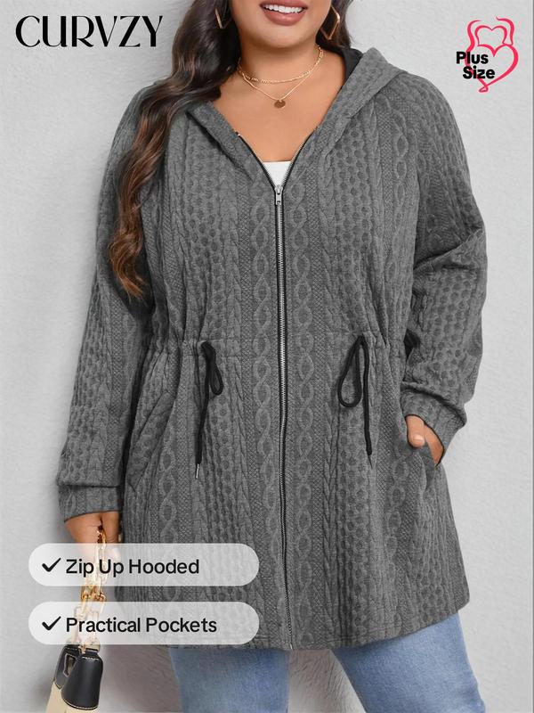 CURVZY Christmas Deals, Plus Size Solid Drawstring Zip Up Hooded Jacket, Casual Long Sleeve Pocket Zipper Outerwear for Fall & Winter, Women's Clothes for Daily Wear, Christmas 2024 Trend, Fall & Winter Clothes