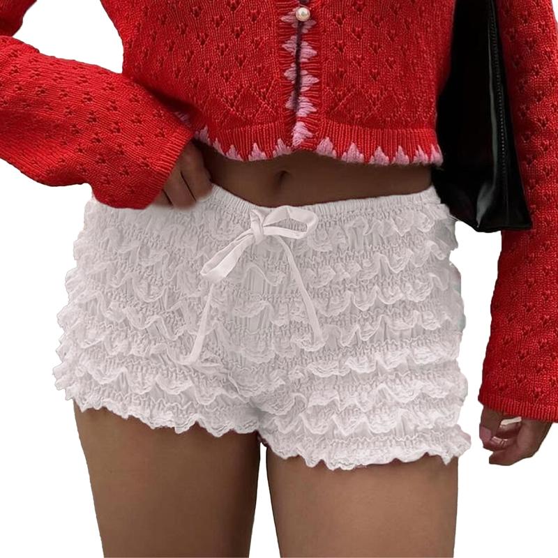 Women's Mini Shorts Layered Lace Frill Trim Elastic Waist Tie-Up Bow Bloomer Shorts for Summer Streetwear