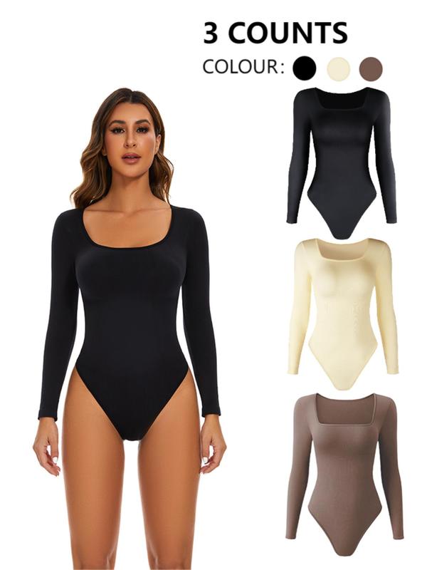 Women's Solid Long Sleeve Square Neck Shapewear Bodysuit, Casual Comfy Tummy Control Butt Lift Shaper, Ladies Shapewear for Daily Wear