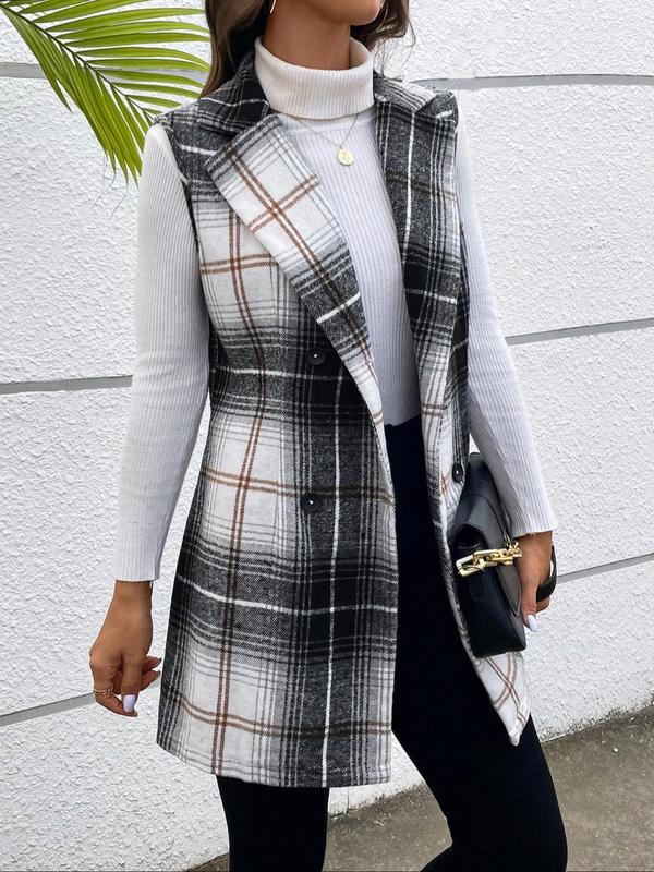 Women's Plaid Print Double Button Lapel Blazer Vest without Sweater, Casual Sleeveless Outerwear for Fall, Ladies Clothes for Daily Wear