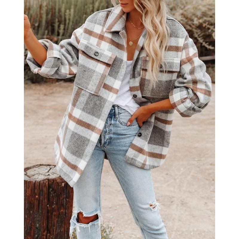 Autumn and Winter Women's Clothing Autumn and Winter Long Sleeve Lapel Loose Plaid Wool Coat