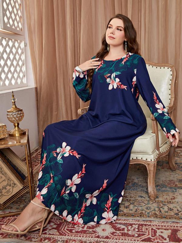 Women's Plus Size Floral Print Long Sleeve Round Neck Tunic Dress, Mean Girls Outfit, Casual Vintage Loose Long Dresses for Daily Womenswear, Lady Clothes, Spring & Fall Fashion