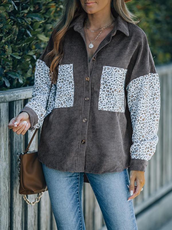 Women's Patchwork Leopard Print Button Front Shirt Jacket, Casual Drop Shoulder Long Sleeve Collared Outerwear for Fall & Winter, Ladies Clothes for Daily Wear