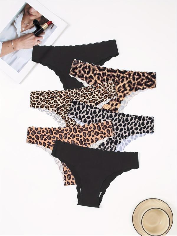 Women's 6pcs Leopard Print Scallop Trim Panty, Soft Comfy Breathable Knicker for Daily Wear, Underwear for All Seasons