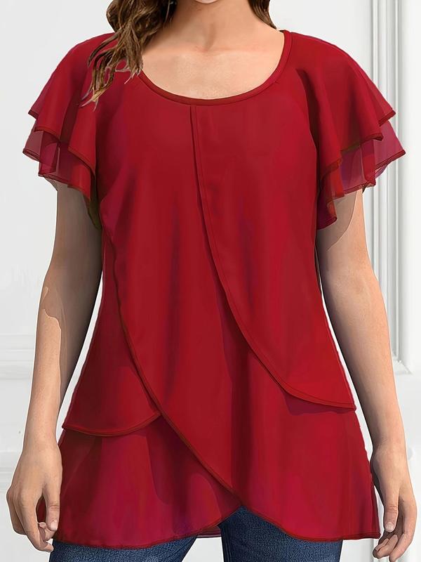 Women's Plain Asymmetrical Hem Butterfly Sleeve Chiffon Blouse, Casual Tiered Layer Short Sleeve Round Neck Top for Summer, Ladies Clothes for Daily Wear