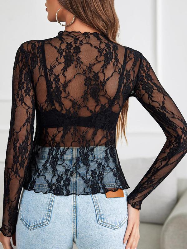 Women's Mock Neck Sheer Floral Lace Tee, Elegant Long Sleeve T-shirt for Daily Wear, Ladies Top Clothes for All Seasons