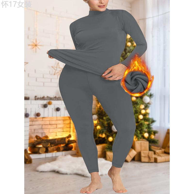 Plus Size Women's Thermal Underwear Set - High Neck Plush Lined Long Sleeve Top & Solid Color Tights For Fall & Winter