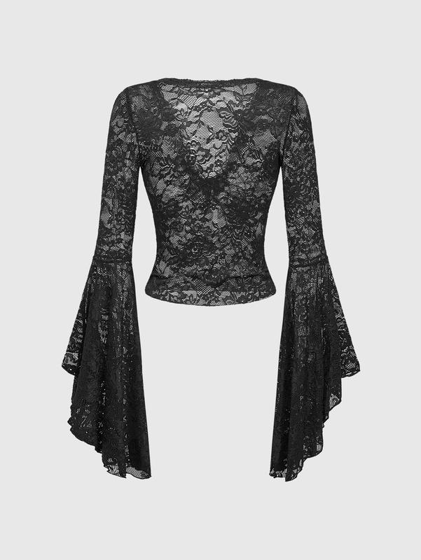 ROMWE Goth Cross Bead Decorated V-Neck Flare Sleeve Lace Bodysuit