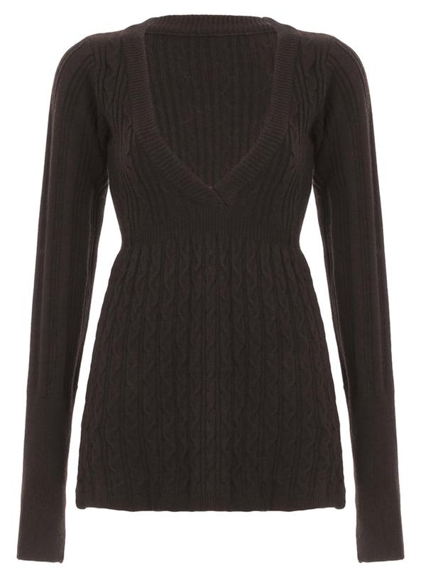 Women's Plain Deep V Neck Cable Knit Sweater, Casual Long Sleeve Jumper for Daily Wear, Ladies Knitwear for All Seasons