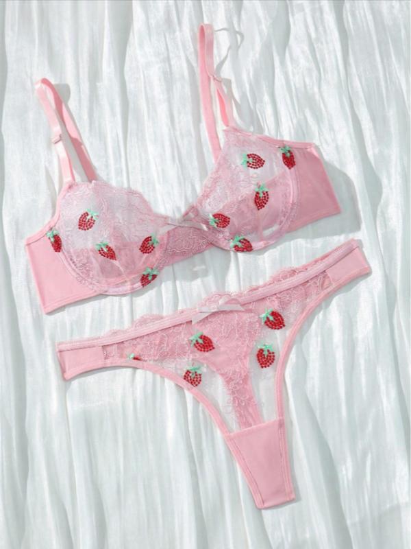 Women's Strawberry Embroidery Sheer Lace Sexy Lingeries Set, Adjustable Strap Bra & Bow Decor  Thong Set,  Soft Comfy Breathable Lingerie Set for Women