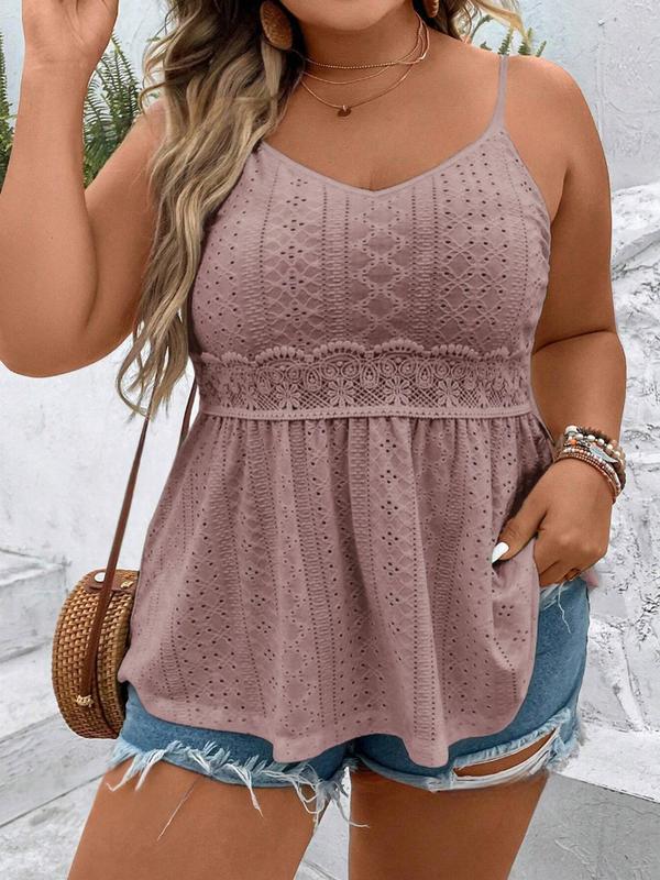 Plus Size Solid Eyelet Embroidery Cami Top, Casual Adjustable Spaghetti Strap Top for Spring & Fall, Women's Plus Clothing for Daily Wear