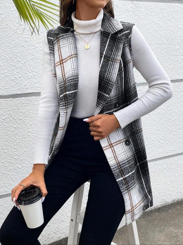 Women's Plaid Print Double Button Lapel Blazer Vest without Sweater, Casual Sleeveless Outerwear for Fall, Ladies Clothes for Daily Wear