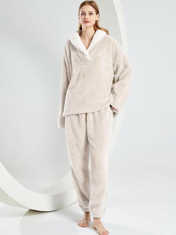 Women's Solid Drop Shoulder  Lounge Top & Pants Loungewear Two-piece Set, Casual Comfy Long Sleeve Pullover & Trousers Pj Set, Ladies Sleepwear for Fall & Winter