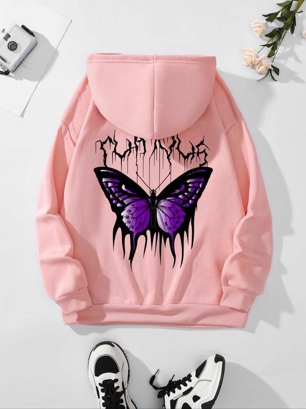 Women's Butterfly Print Drop Shoulder Long Sleeve Hoodie, Drawstring Kangaroo Pocket Hooded Sweatshirt, Pullover Tops for Fall & Winter, Spring 2024 Fashion