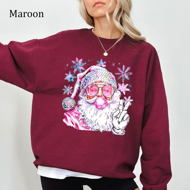 Retro Santa Christmas Blowing Bubble Sweatshirt, Funny Santa With Sunglasses Xmas, Youthful & Vibrant, Printed Womenswear