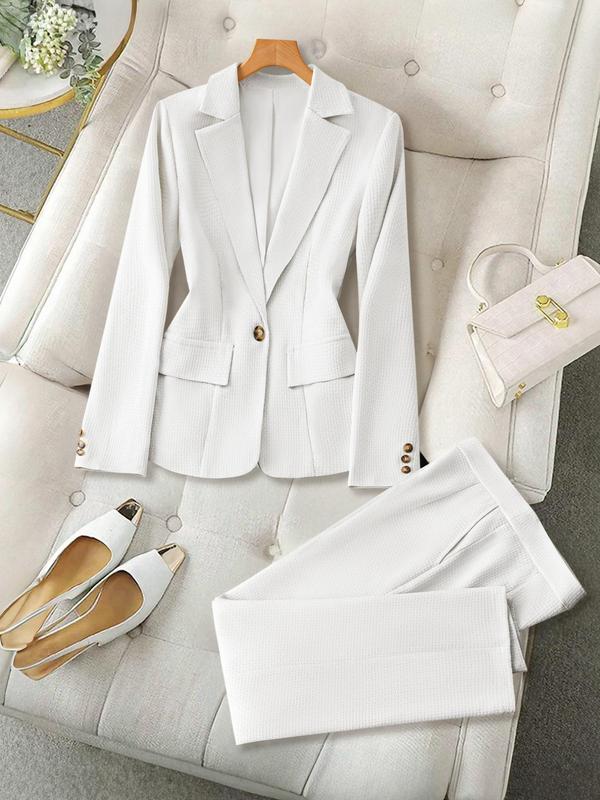 Two-Piece Set Women's Solid Color Flap Detail Button Front Blazer & Pocket Pants Suit Set, Elegant Lapel Neck Long Sleeve Outerwear & Trousers for Work Office Business, Ladies Fall & Winter Clothes