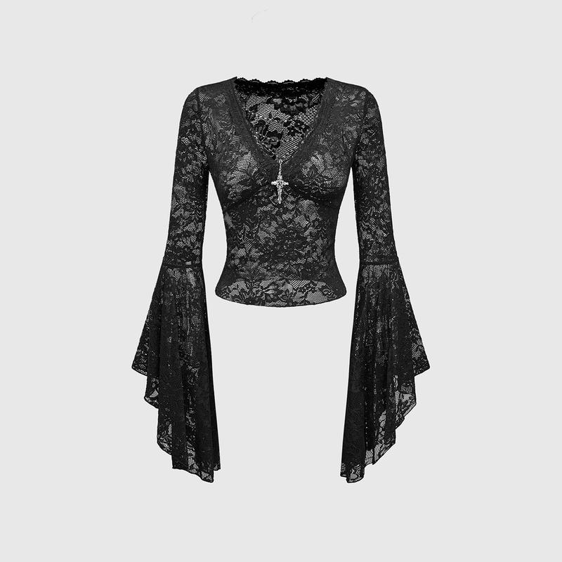 ROMWE Goth Cross Bead Decorated V-Neck Flare Sleeve Lace Bodysuit