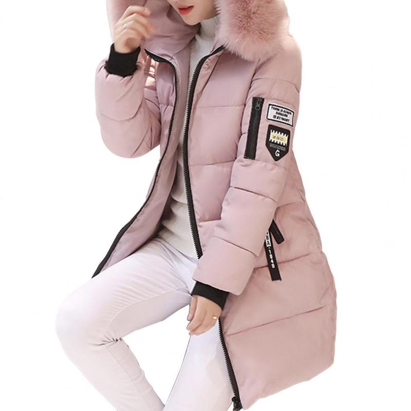 Women Winter Cotton Coat Hooded Mid Length Outerwear Windproof Warm Long Sleeve Jacket Solid Color Slim Fit Lady Down Coat