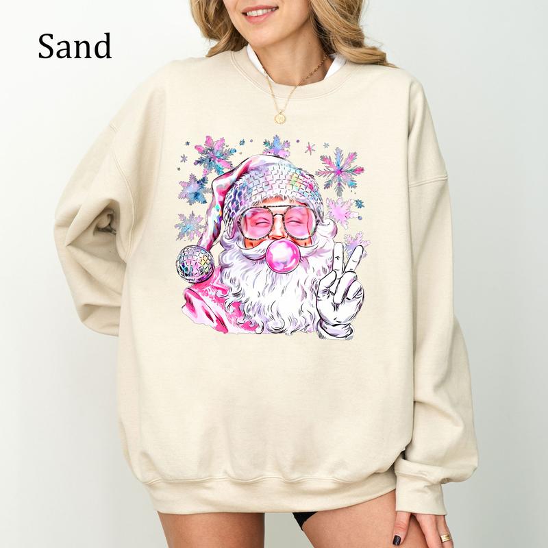 Retro Santa Christmas Blowing Bubble Sweatshirt, Funny Santa With Sunglasses Xmas, Youthful & Vibrant, Printed Womenswear