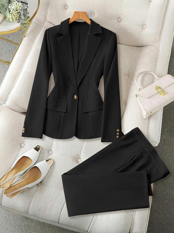 Two-Piece Set Women's Solid Color Flap Detail Button Front Blazer & Pocket Pants Suit Set, Elegant Lapel Neck Long Sleeve Outerwear & Trousers for Work Office Business, Ladies Fall & Winter Clothes