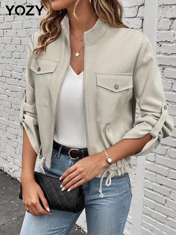 YOZY Christmas Deals, [3 Colors] Button Pocket Zipper Jacket  Casual Solid Long Sleeve Mock Neck Outerwear, 2024 Women's Tops Daily Wear for Spring & Fall, Christmas 2024 Trend, Fall & Winter Clothes