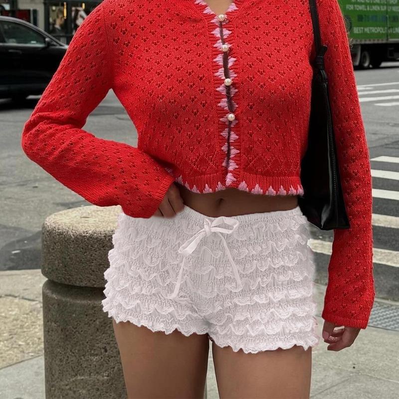 Women's Mini Shorts Layered Lace Frill Trim Elastic Waist Tie-Up Bow Bloomer Shorts for Summer Streetwear