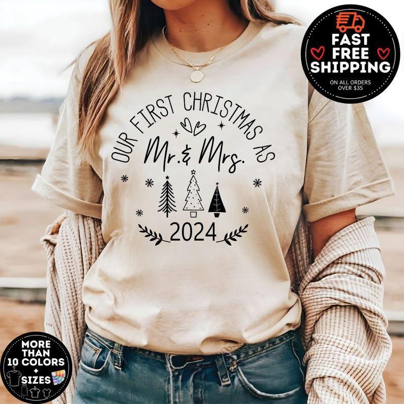 Our First Christmas As Mr And Mrs, Christmas Pajamas, Matching Christmas Shirts, Mr and Mrs Couple Tshirt, Merry Christmas tees, Holiday Tee