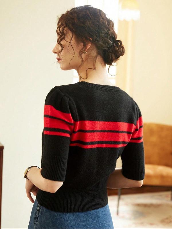 Women's Random Striped Print Round Neck Sweater, Casual Short Sleeve Crew Neck Jumper for Spring & Fall, Fashion Women's Knitwear for Daily Wear