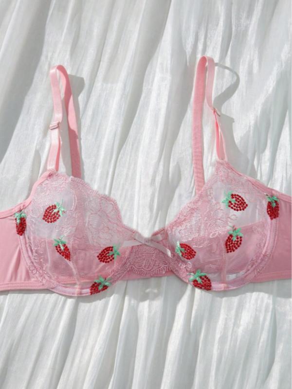 Women's Strawberry Embroidery Sheer Lace Sexy Lingeries Set, Adjustable Strap Bra & Bow Decor  Thong Set,  Soft Comfy Breathable Lingerie Set for Women