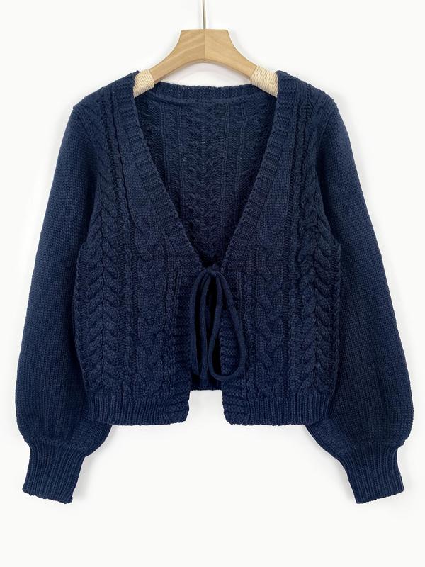 Women's Solid Color Lantern Sleeve Cable Knit Cardigan, Casual V Neck Tie Front Long Sleeve Cardigan, Cardigan for Women, Women's Knitwear for Spring & Fall