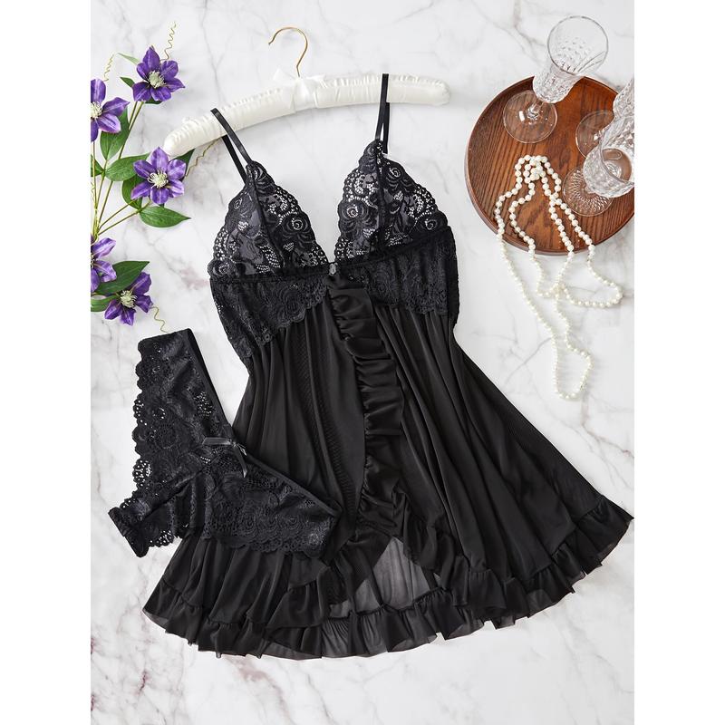 Contrast Color Lace Ruffle Underwear Suit, Deep V Strap Dress and T-Back, Lady Sexy Underwear and Underwear