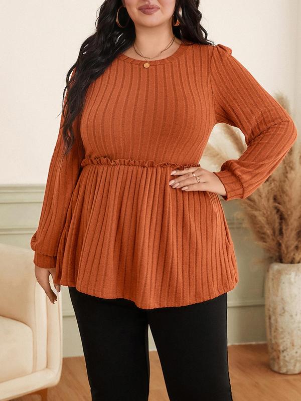 CURVZY Plus Size Solid Frill Trim Bishop Sleeve Tee, Casual Long Sleeve Round Neck T-shirt for Spring & Fall, Women's Clothing for Daily Wear